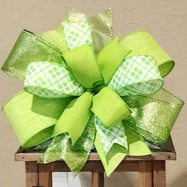 Wreath Bow Lantern Bow Easter Bow Lime Green and White Bow Handmade Bow White and Lime Green Bow St Patrick's Bow