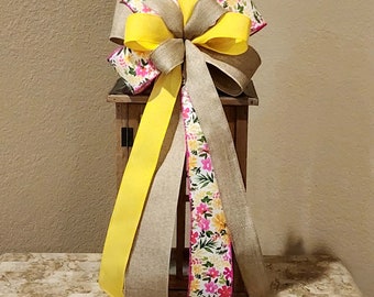 Spring Bow Floral Bow Wreath Bow with Flowers Bow Lantern Bow Pink Bow Tan Beige Yellow Bow Handmade Bow Gift Bow Summer Bow Everyday Bow