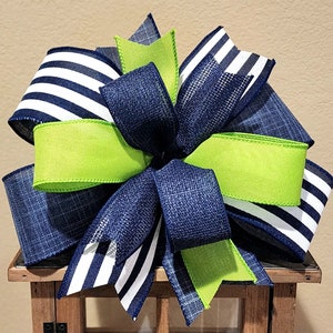 Wreath Bow Lantern Bow Farmhouse Bow Handmade Bow Navy Blue, White and Lime Green Bow Striped Bow Everyday Bow