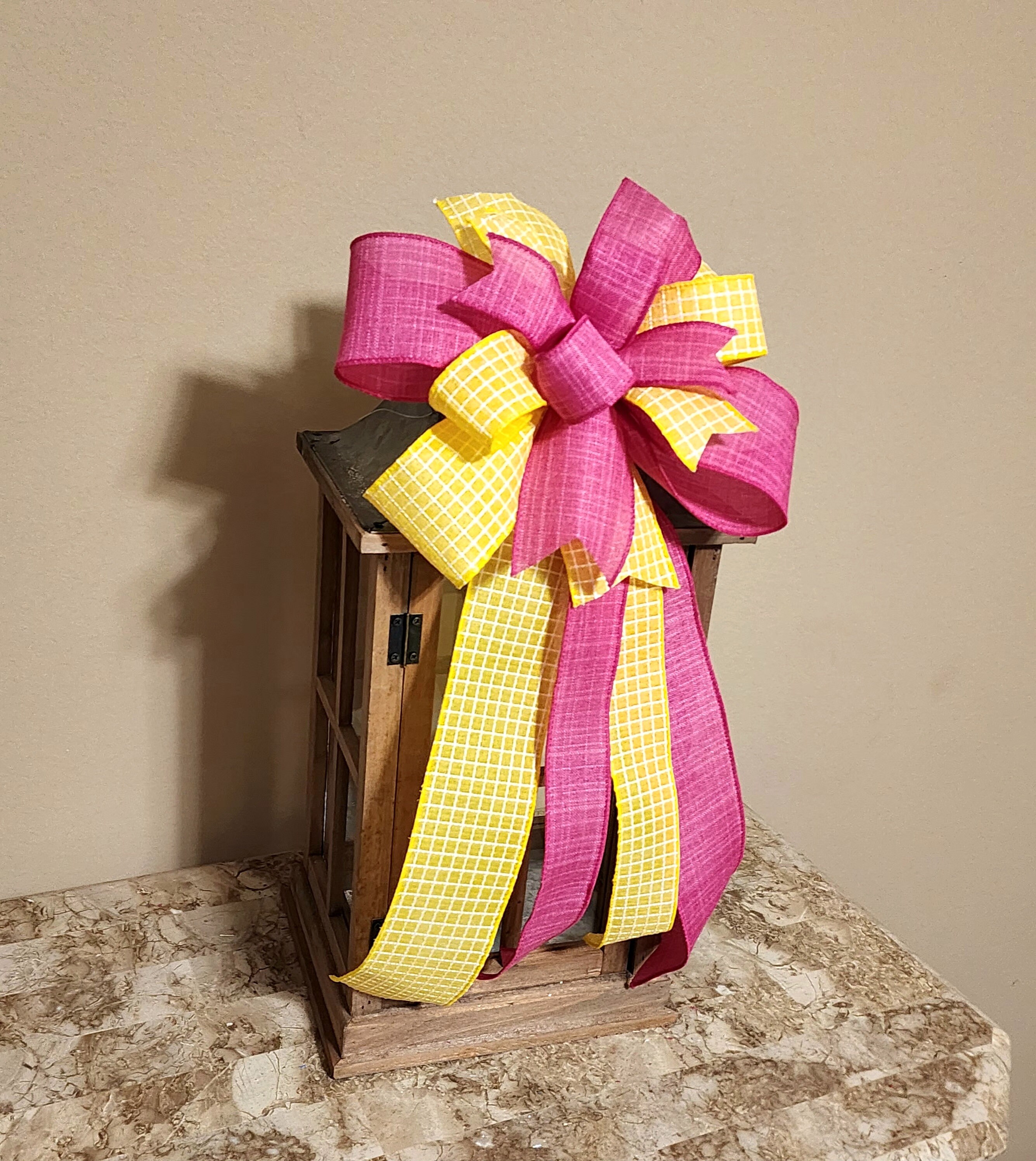 Yellow and Pink Bow Wreath Bow Lantern Bow Pink and Yellow Bow Handmade ...