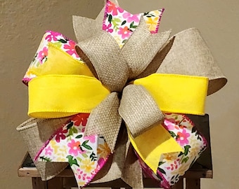 Spring Bow Floral Bow Wreath Bow with Flowers Bow Lantern Bow Pink Bow Tan Beige Yellow Bow Handmade Bow Gift Bow Summer Bow Everyday Bow