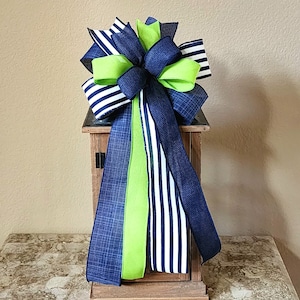 Wreath Bow Lantern Bow Farmhouse Bow Handmade Bow Navy Blue, White and Lime Green Bow Striped Bow Everyday Bow