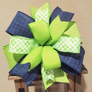 Everyday Wreath Bow Lantern Bow Farmhouse Bow Handmade Bow Navy Blue, White and Lime Green Bow Everyday Bow