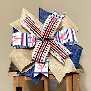 Beach Bow Lobster Bow Nautical Bow Tan, Red, White and Blue Bow Wreath Bow Lantern Bow Handmade Bow Gift Bow Summer Bow Spring Bow Striped