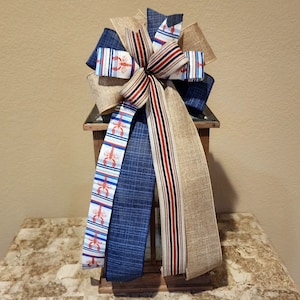 Beach Bow Lobster Bow Nautical Bow Tan, Red, White and Blue Bow Wreath Bow Lantern Bow Handmade Bow Gift Bow Summer Bow Spring Bow Striped