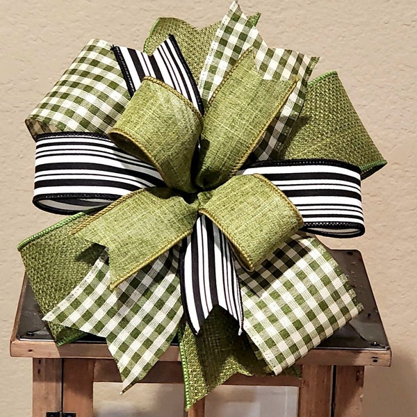 Everyday Wreath Bow Lantern Bow Farmhouse Bow Handmade Bow Everyday Bow Olive Green, Off White Black and White Bow Spring Bow Summer Bow