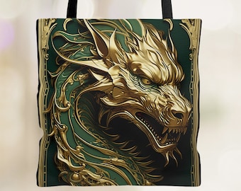 Green and Gold Dragon Tote Bag, Dragon Board Game Tote, RPG Accessory Bag, DnD Dragon Game Night Tote Bag, Elegant Dragon Carryall