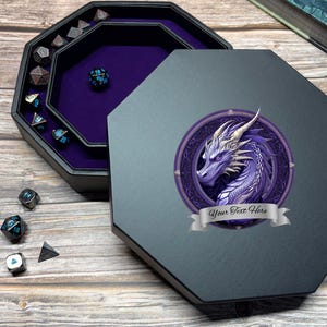 Custom Purple Dragon Dice Tray, Rolling Tray for DnD, Gift for Role Player, RPG Accessory, Purple Felt Dice Storage Tray, Lidded Octagon