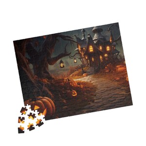 May include: A Halloween-themed jigsaw puzzle featuring a spooky house with lit windows, a gnarled tree, and pumpkins scattered on the ground. The puzzle pieces are arranged in a cobblestone path leading to the house.
