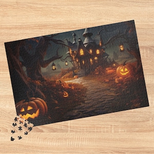 May include: A spooky Halloween scene with a dark, mysterious house with lit windows and a path leading to it.  The scene is decorated with jack-o'-lanterns and glowing lanterns hanging from trees.