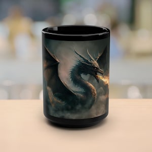 Fire Breathing Dragon D&D Coffee Mug, DnD Black Ceramic Cup, Dungeons and Dragons Gift Idea, RPG Gift Mug for Role Player