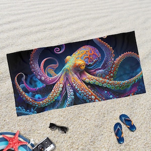 Puede incluir: Un pulpo colorido con manchas azules, naranjas, rosas y amarillas sobre un fondo azul oscuro. El pulpo tiene ocho tentáculos y está rodeado de coral.
