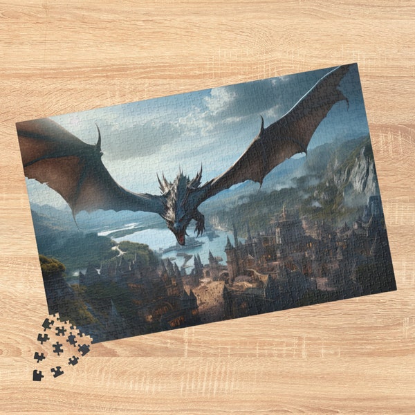 Puzzle Dragon in Flight, Fantasy Scene Puzzle, Jigsaw Puzzle for Dragon Fan, 1000 Piece Dragon Puzzle, Adult Medieval Fantasy Puzzle