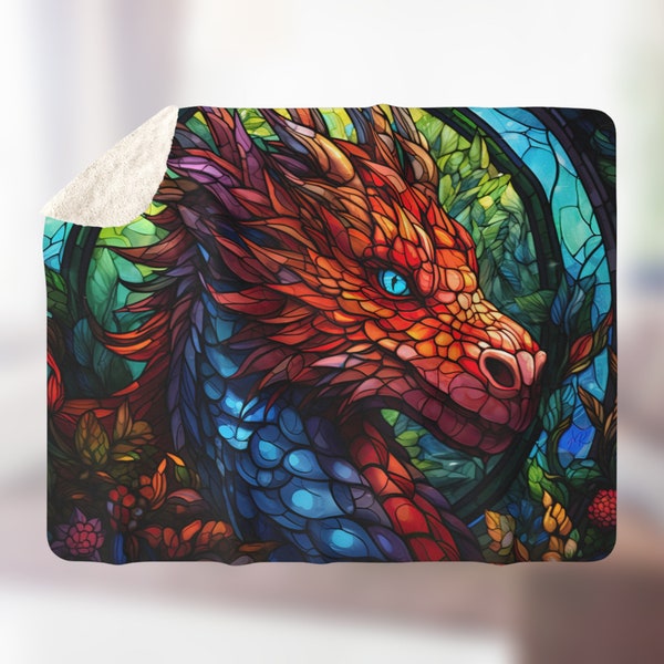 Sherpa Fleece Blanket Dragon Head Stained Glass, Fantasy Dragon RPG Throw, Colorful Dragon Blanket