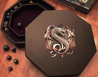 Dragon Seal Dice Tray, Rolling Tray for DnD, Gift for Role Player, RPG Accessory, Purple Felt Dice Storage Tray, 9.25" Octagon with Lid