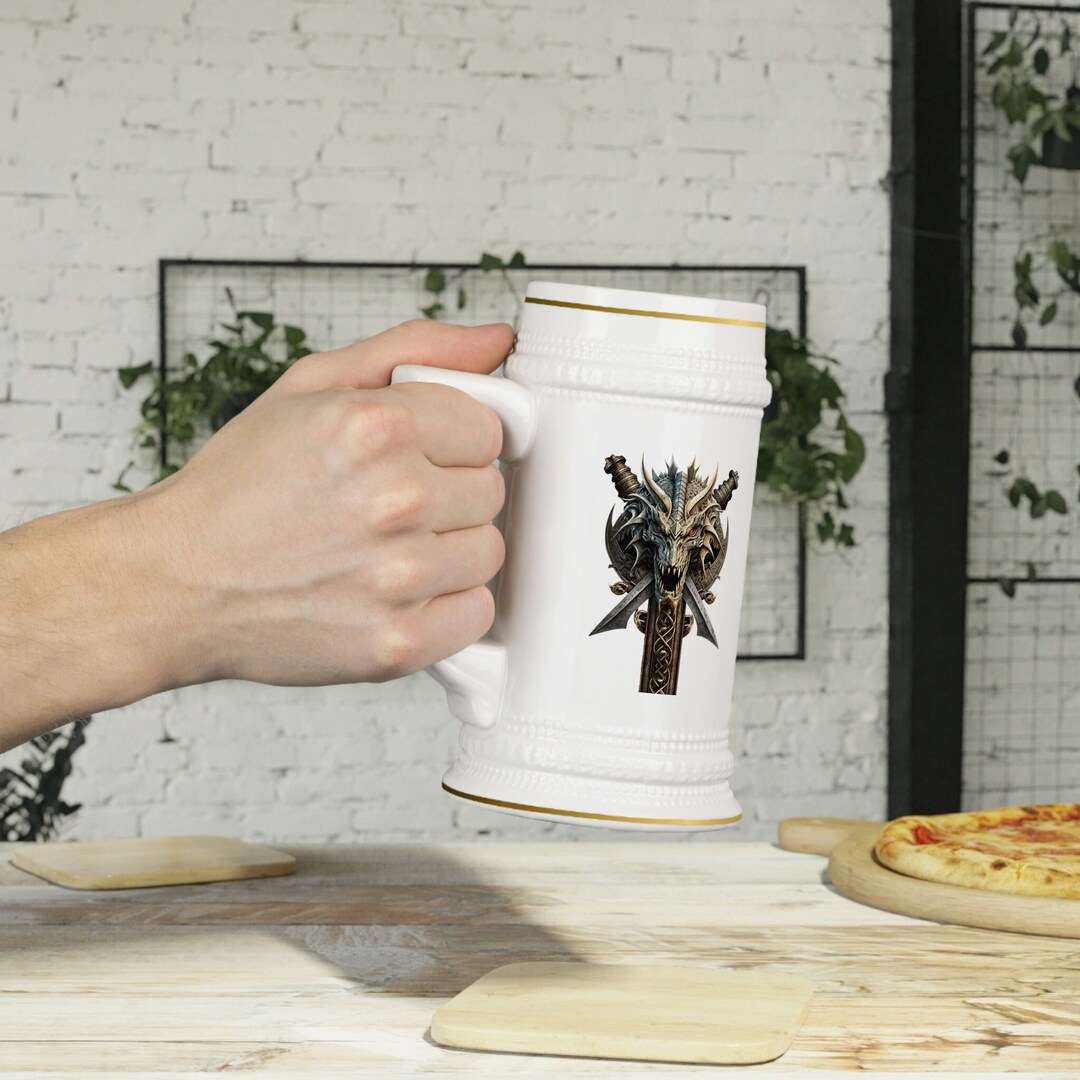 Dragon Skull Beer Stein, White Beer Mug, Ceramic Fantasy Mug for Dnd