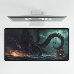 Sea Monster Desk Mat, Fantasy Desk Accessory, Sea Creature Mouse Pad, Unique Desk Decoration, Cool Macabre Gift Idea, Fun Aquatic Mat