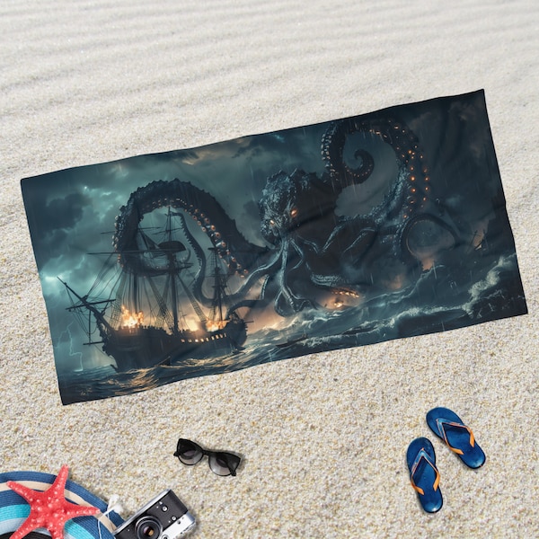 The Kraken Attacks Beach Towel, Dark Fantasy Pool Towel, Sea Monster Beach Towel, Large Soft Absorbent Pool Towel, Gift for Beach Goer