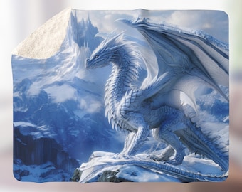 Dragon Fantasy Sherpa Fleece Blanket, White Fuzzy Bed Throw, Cozy Winter Home Decor, Dungeons and Dragons Gift, Mythical Creature Bedroom