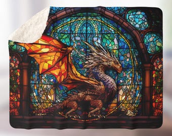 Couverture polaire sherpa vitrail dragon, jeté RPG dragon fantastique, couverture à fenêtre dragon colorée