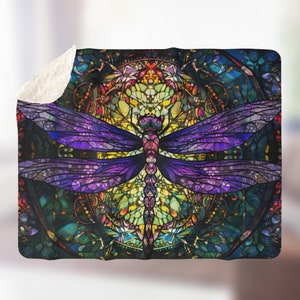 May include: A colorful stained glass style dragonfly with purple wings against a background of colorful stained glass.