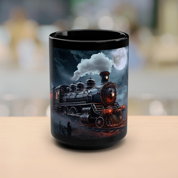 Night Train Black Mug, Locomotive Coffee Mug, Steam Train Mug Gift