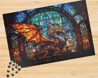 Puzzle Dragon Jigsaw Puzzle Stained Glass Dragon Puzzle 1000 Piece Adult Puzzle Colorful Fantasy Dragon Puzzle Stained-Glass Gothic Puzzle