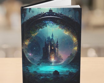 May include: A dark blue notebook with a fantasy illustration of a castle in a glowing orb surrounded by trees and stars. The castle is made of stone and has a pointed roof. The orb is surrounded by a dark blue sky with stars.