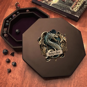 Custom Dragon Seal Dice Tray, Rolling Tray for DnD, Gift for Role Player, RPG Accessory, Purple Felt Dice Storage Tray, Lidded Octagon