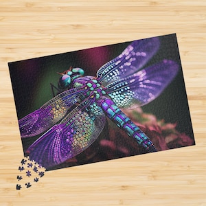 May include: A colorful jigsaw puzzle featuring a detailed illustration of a dragonfly. The dragonfly has iridescent wings in shades of purple, blue, and green. The puzzle is partially assembled, with some pieces scattered on a wooden surface.