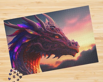 May include: A close-up of a purple and red dragon's head with a detailed, textured design. The dragon is looking to the right, with a sunset in the background.