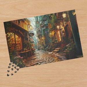 May include: A narrow, cobblestone street lined with quaint shops and buildings. The street is illuminated by warm, golden light from street lamps. Lush greenery and flowers add a touch of vibrancy to the scene.