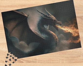 Könnte beinhalten: Ein rechteckiges Puzzle, das einen dunklen, geschuppten Drachen mit großen Flügeln zeigt, der einen Strom aus orangefarbenem und gelbem Feuer speit. Das Puzzle ist teilweise zusammengesetzt, mit mehreren losen Puzzleteilen in der unteren linken Ecke.