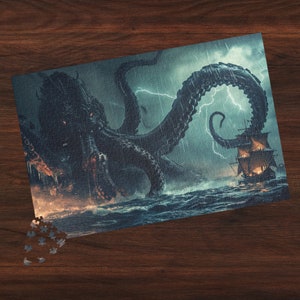 May include: A jigsaw puzzle depicting a kraken attacking a ship in a stormy sea. The dark blue kraken has large tentacles and red eyes. The ship is lit up with yellow lights. Lightning flashes in the background. A few puzzle pieces are scattered on the wooden surface.