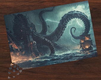 May include: A jigsaw puzzle depicting a kraken attacking a ship in a stormy sea. The dark blue kraken has large tentacles and red eyes. The ship is lit up with yellow lights. Lightning flashes in the background. A few puzzle pieces are scattered on the wooden surface.