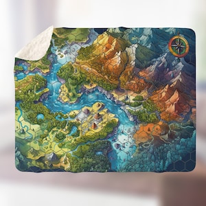 Sherpa Fleece Decke Fantasy Map, bunte DnD Sechseck Decke für RPG Fan, Kinder Abenteuer Decke