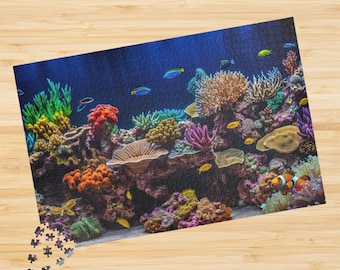 May include: A colorful underwater scene with coral reefs, fish, and anemones. The coral is in shades of pink, orange, yellow, and green. The fish are blue, yellow, orange, and red. The anemones are red and white.