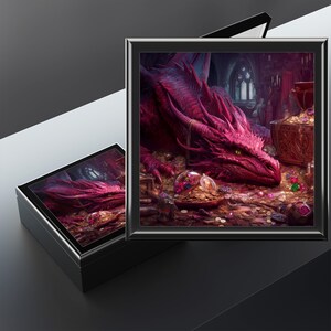 Caixa de dados de madeira com design de dragão vermelho, caixa de lembranças de RPG, armazenamento de tesouros, presente para jogadores de fantasia, decoração de Dungeons and Dragons, acessório de D&D