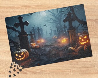 May include: A spooky Halloween scene with a graveyard full of tombstones and glowing jack-o'-lanterns. The scene is set in a dark forest with fog and a full moon in the sky.