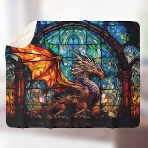 Sherpa Fleece Blanket Dragon Stained Glass, Fantasy Dragon RPG Throw, Colorful Dragon Window Blanket