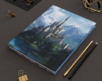 May include: A hardcover journal featuring a fantasy castle scene with snow-capped mountains and a blue sky. The journal is surrounded by gold binder clips, a black and gold pencil, and a black pencil on a dark gray surface.