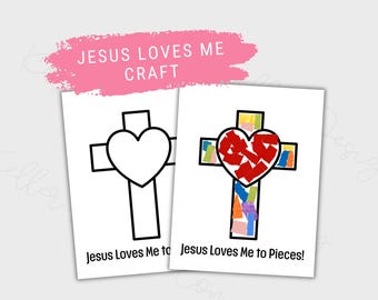 Puede incluir: Una actividad de manualidades imprimible para niños con un contorno en blanco y negro de una cruz con un corazón en el centro. La segunda imagen muestra una manualidad terminada con un corazón rojo hecho de recortes de papel de colores.