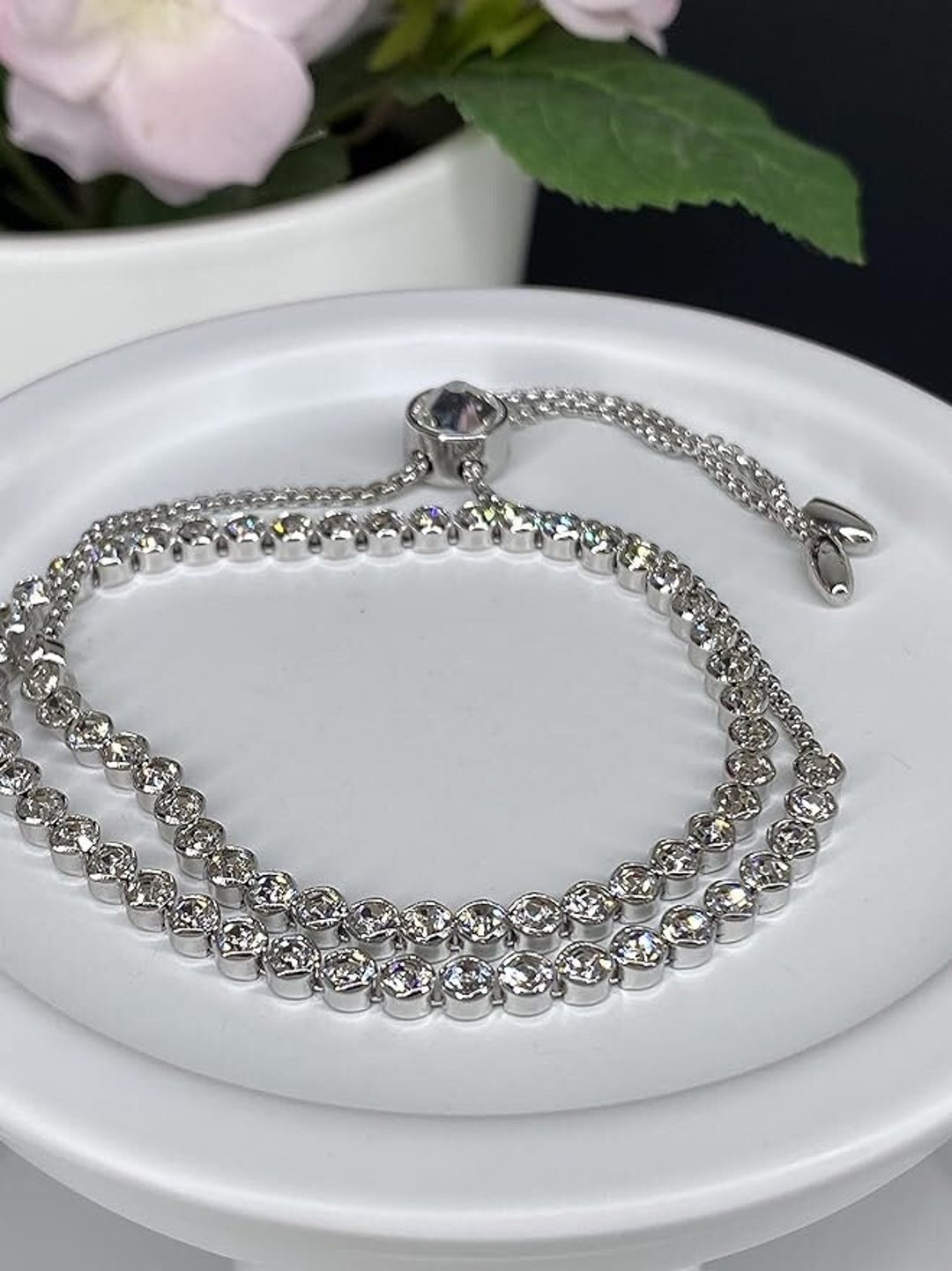 Amante Crystal Rhodium Plated Classic Adjustable Tennis Bracelet With ...