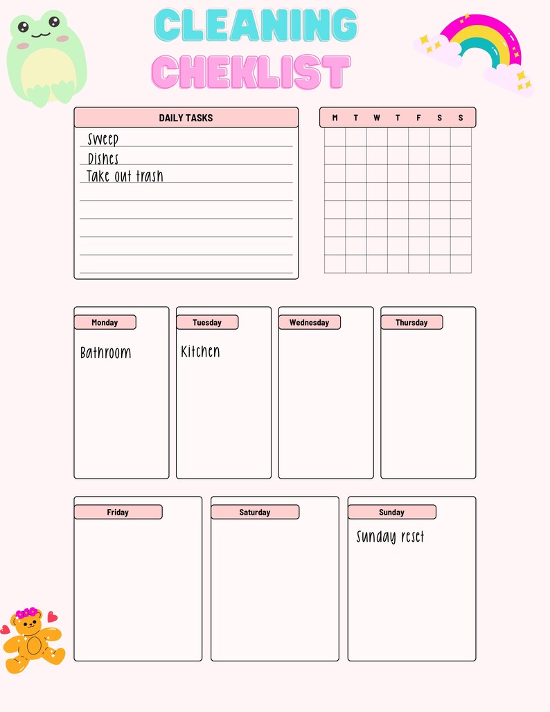 Kawaii Cleaning Checklist Planner Journal Goodnotes Printable Etsy
