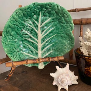 Vintage Portuguese Majolica Cabbage Leaf Platter | Handcrafted Portugal Pottery Green Leaf Dish, Bordallo-Style