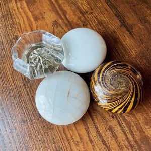 Set of 4 Vintage Door Knobs: Glass, Porcelain, Marble Look Accents