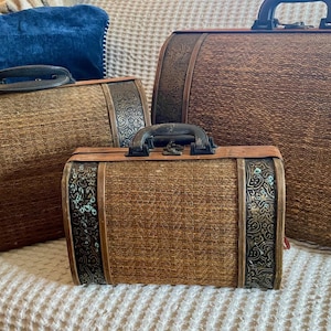 Vintage Bamboo Rattan Suitcases Set of 3 Nesting Luggage – Boho Storage Decor