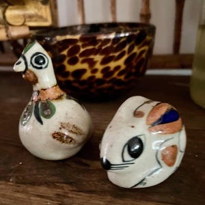 Vintage Studio Pottery Bird & Bunny Figurines Hand Painted Ceramic Folk Art Animal Pair Woodland Decor Unmarked Artisan Pottery