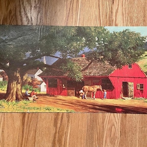 May include: A vintage painting depicts a rural scene with a red barn and a horse. A large tree shades the barn and a few people. The painting has a rustic, nostalgic feel, with a warm color palette.