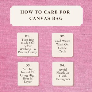 Pu&ograve; includere: Un grafico di istruzioni rosa intitolato HOW TO CARE FOR CANVAS BAG con quattro passaggi numerati: 01. Turn Bag Inside Out Before Washing To Protect Design, 02. Cold Water Wash On Gentle Cycle, 03. Air Dry Instead Of Using High Heat In Dryer, 04. Avoid Bleach Or Harsh Detergents.